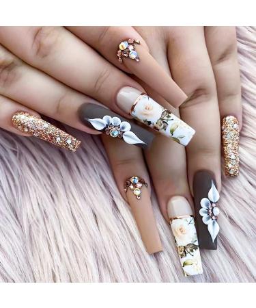 24 Pcs Coffin Press on Nails Long Brown Fake Nails Full Cover with Flower Pattern Design False Nails Glossy Acrylic Artificial Nails for Women and Girls