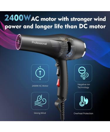 Happygoo Professional 2400W Ion Hair Dryer with Diffuser & Styling Nozzles - Perfect for Home & Salon Use - Black - Buy Online on GoSupps.com