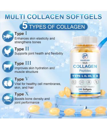 Multi Collagen Peptides for Women & Men, Hydrolyzed Collagen Peptides-Type I, II, III, V, X - with Hyaluronic Acid,Vitamin C,Biotin,Supports Skin Hair Nail, Non-GMO, 280 Softgels 280 Count (Pack of 1) - Buy Online on GoSupps.com