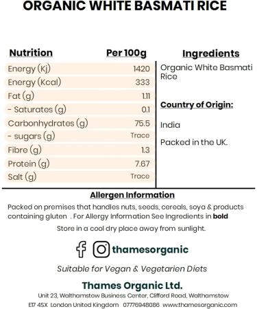 Organic White Basmati Rice-Certified Organic Non-GMO Vegan No Additives No Preservatives Resealable Bag by Thames Organic 1kg - Buy Online on GoSupps.com