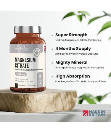 High Strength Magnesium Citrate Capsules - 444mg Elemental Magnesium - 240 Capsules (4 Month Supply) - Vegan and Made in UK - Buy Online on GoSupps.com