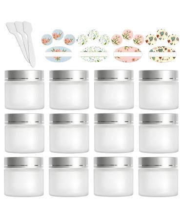 12 Pack 60ml 2 oz Matte Clear Glass Jars with Silver Lids & Inner Liners,Round Containers Travel Jars for Cosmetics, Eye Shadow, Makeup and Face cream Lotion.