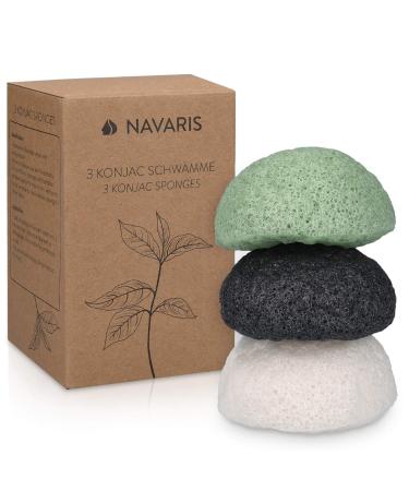 Navaris Konjac Sponges - Set of 3 - Facial & Body Konjac Sponge Puffs - Exfoliating & Cleansing Sponges for Bath & Shower - Green  Black  White 3x Green / Black / White