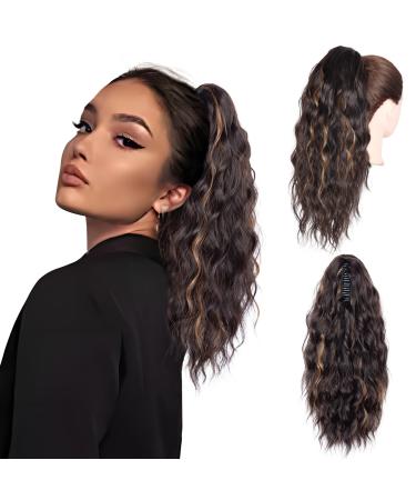 18 inch Highlight Ponytail Extension Multi Layered Hair Extensions Clip in Long Hair Pieces for Women Natural Synthetic Clip in Ponytail Hair Extensions (Black Brown Highlighted Caramel Blonde) Claw Clip-Black Brown Highlighted Caramel Blonde