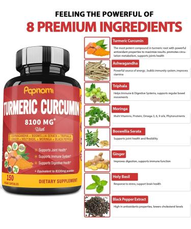 Turmeric Curcumin Extract Capsules 8100mg - 5 Months Supply | Joint Health Support with Ashwagandha, Triphala, Moringa, Boswellia & More - Antioxidant Properties - 150 Caps - Buy Online on GoSupps.com