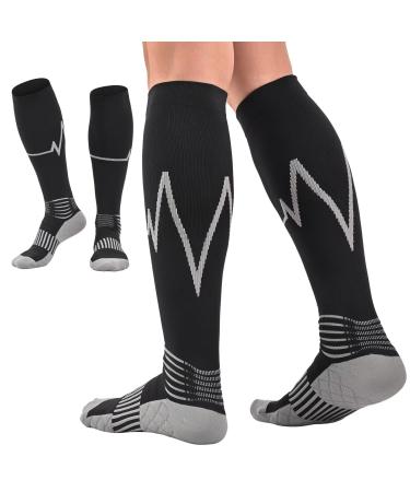 IRAMY Compression Socks For Women & Men 2 Pairs with Ankle Compression Support & Foot Massage Pad & Arch Support 20-30 mmgh Knee High Socks X-Large Black-Grey