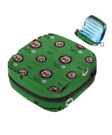 Menstruation pad bag with zipper women's napkin bag tampons collection bags for women and girls (romantic small bear green background)