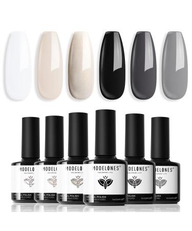 Modelones White Black Gel Nail Polish Set - 6 Colors Black Milky White Neutral Nude Grey Glitter Spring Gel Nail Polish Kit Soak Off UV Gel Kit Gel Nail Art Gift for Women