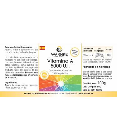 Buy Vitamin A 5000 I.E - High Dose Vegan Tablets - 1500 g Retinol - 250 Tablets | Warnke Vital Substances - German Pharmacy Quality - Buy Online on GoSupps.com