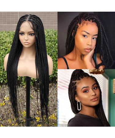 KRALER 36 Full Lace Braided Wigs for Black Women Knotless Box Braid Wig Lace Front Wigs Square Based Pre Plucked with Baby Hair 36 Inch Natural Black