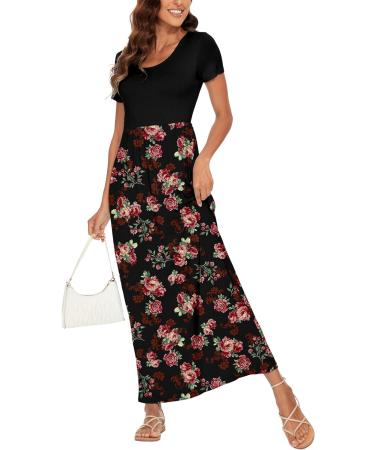 YUNDAI Womens Summer Maternity Maxi Dress with Pocket, Floral Loose Fit, Short Sleeve, Plus Size - Rose Black (Size M) - Buy Online on GoSupps.com