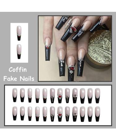 MISUD Long Coffin Press on Nails with Punk Designs - Black French Tip Ballerina Acrylic False Nails | 24 pcs Rhinestone Glossy Glue on Nails - Buy Online on GoSupps.com