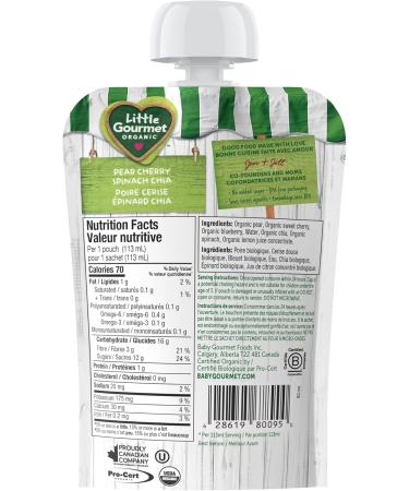Baby Gourmet Little Gourmet Organic Bright Blends Baby Food Pouches - Pear Cherry Spinach Chia - No Added Sugar or Salt Non GMO No Fillers - (113ml) 12-Pouches Marron Pear Cherry Spinach Chia 113ml - 12 Pouches - Buy Online on GoSupps.com