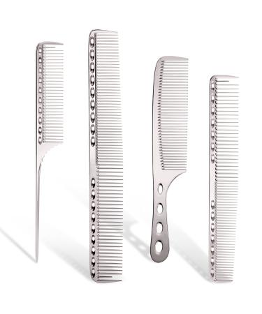 Cgbarber Professional Aluminum Dressing Comb, 4 Types Metal Hair Combs For Hair Styling Included Long Hair Cutting Comb,Short Styling Comb,Handle Comb,Tail Comb(silver)