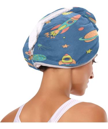 Outer Space Rocket Dry Hair Cap - 2 Piece Quick Drying Towel Set | Super Absorbent Soft & Comfortable with Button Headband - Buy Online on GoSupps.com