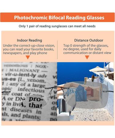 Photochromic Bifocal Reading Glasses | Anti-Blue Light Rimless Transition Sunglasses for Men & Women - Black 2.0x - Buy Online on GoSupps.com
