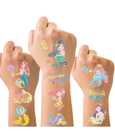 Mermaid Temporary Tattoos for Kids Girls Cute Cartoon Fake Tattoo Stickers Laser Gold Edge Cute Mermaid Girl Marine Life Design Waterproof Body Art Tattoo Sticker Party Decoration Supplies 8 Sheets