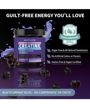 Creatine Monohydrate Gummy - 5000mg per Serving 120 Count - Supports Muscle Strength Endurance and Energy - Delicious Blackcurrant Flavor - Gluten-Free Vegan-Friendly - Buy Online on GoSupps.com