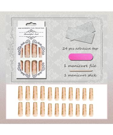 VOTACOS Long Coffin Press on Nails - Nude with Golden Design | False Nails for Women - Glossy Stick on Nails - Buy Online on GoSupps.com