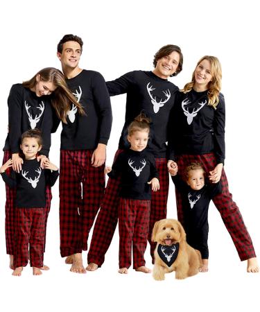 IFFEI Christmas Pyjamas Matching Family Pajamas Sets Xmas Pjs Letter Print Tops and Plaid Pants Sleepwear Nightwear for Women Men Kids Baby Pet Kids 6-7 Years Black/Deer