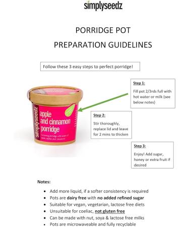 Simplyseedz Dairy Free Instant Porridge Oat Pot - VEGAN 9 x 60g | High Protein & Fibre, Low Sugar Office Snack & Workout Fuel - Buy Online on GoSupps.com