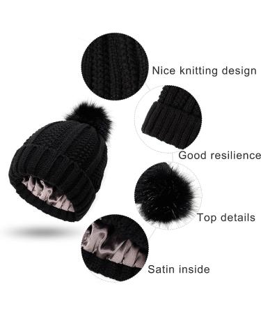 Women's Winter Beanie Hat - Thermal Knitted Warm Earflap Cap with Hairball Accent - Black - Buy Online on GoSupps.com