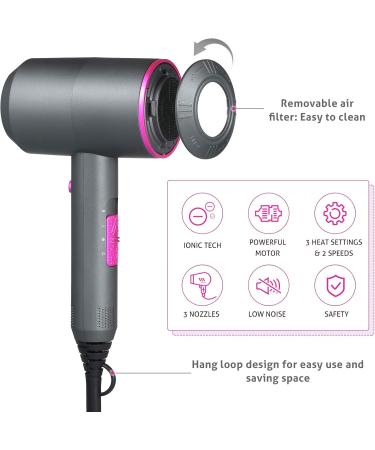 Homtoozhii Hair Dryer with Ionic Tech Quick Drying 3 Nozzles Diffusers 3 Heat Settings & 2 Speed Hot/Cold Wind Blow Dryer Portable Hair Styling Tools for Home Salon Travel - Buy Online on GoSupps.com