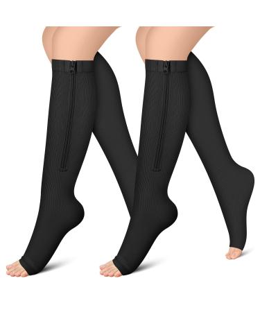CHARMKING 2 Pairs Zipper Compression Socks for Women Men Open Toe 15-20 mmHg is Best for Circulation All Day Wear Nurse Large-X-Large 01 Black/Black