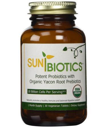 Sunbiotics Organic Potent Probiotics with Organic Yacon Root Prebiotics 30 Vegetarian Tablets