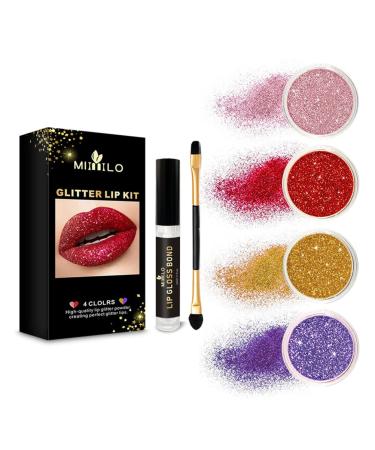 Eomsky glitter lips kit 4 colors diamond glitter lipstick metallic pearl lip gloss waterproof glitter lip kit with lip primer and brush
