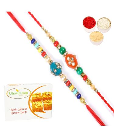 Ghasitaram Gifts Rakhi for Brother Rakhis Online - Set of 2 276 277 Fancy Rakhis with 200 GMS of Besan Barfi