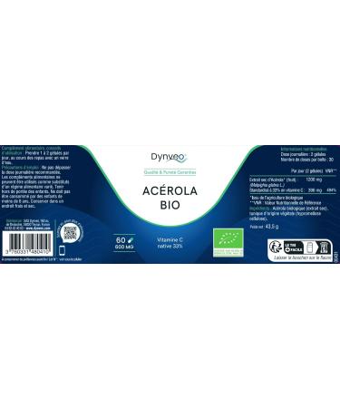 Ac rola bio - 33% de Vitamine C native naturelle - Concentration maximale - Fatigue immunit Peau Antioxydant - 600 mg - 60 g lules (1 2 mois) - Sans additifs ni excipients - Vegan - Dynveo - Buy Online on GoSupps.com