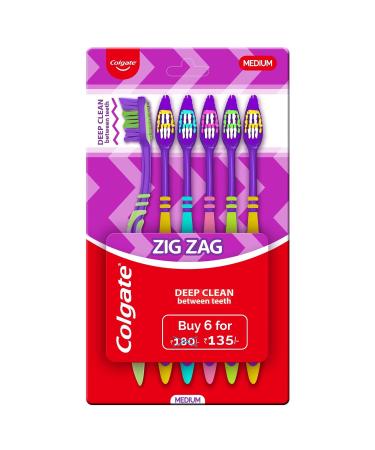 Colgate ZigZag Toothbrush for Deep Inter dental Clean with multi angle zig zag bristles (Medium Pack of 6)