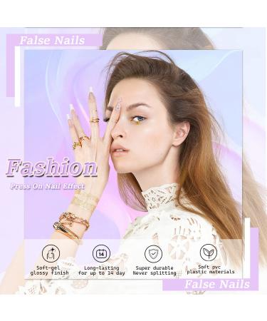 White Flower French Tip Press on Nails - 24 pcs Medium Coffin Nail Kit with Rhinestones - Elegant Acrylic False Nails for Spring - Full Cover Glossy Finish - Buy Online on GoSupps.com