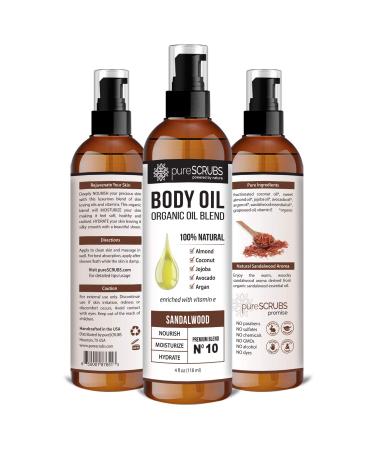 pureSCRUBS Sandalwood Body Oil Spray - Ultra Moisturizing Organic Blend for Dry Skin, Massage, Cuticles & More - Jojoba, Argan, Coconut, Sweet Almond & Avocado Oils with Vitamin E - 4oz - Buy Online on GoSupps.com