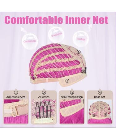 AISI BEAUTY Hot Pink Bob Wavy Wig with Bangs - 14 Inch Synthetic Hair Colorful Wig for Women - Perfect for Halloween Costume & Cosplay - Buy Online on GoSupps.com