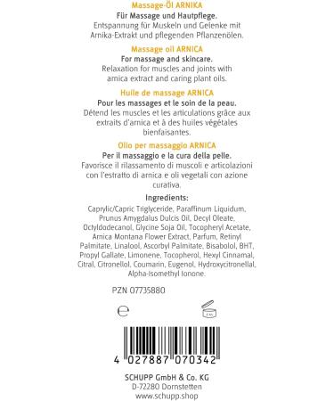 Schupp Massage Oil Arnica 200ml - Soothing Pain Relief & Relaxation | Fast International Shipping - Buy Online on GoSupps.com