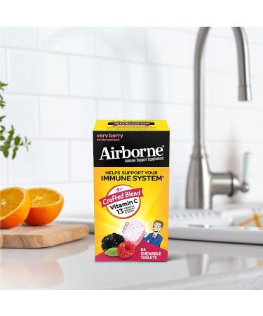 Airborne 1000mg Vitamin C Chewable Tablets with Zinc - 64 Chewable Tablets, Very Berry Flavor, Immune Support Supplement - Buy Online on GoSupps.com