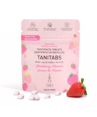 Tanitabs Strawberry Toothpaste Tablets  Fluoride-Free  Natural Toothpaste for Gum and Teeth Care  Zero-Waste Travel Toothpaste Tabs in Refill Pouch  Natural Strawberry Flavor  62 Tablets - Tanit Strawberry Toothpaste Tab...