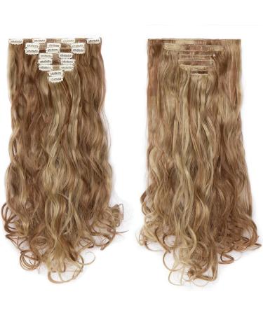 SILK-CO Long Curly Wavy Clip in Hair Extensions - 24 Synthetic Heat Resistant, 8 Pcs Full Head, 18 Clips, Light Brown&Blond - Buy Online on GoSupps.com