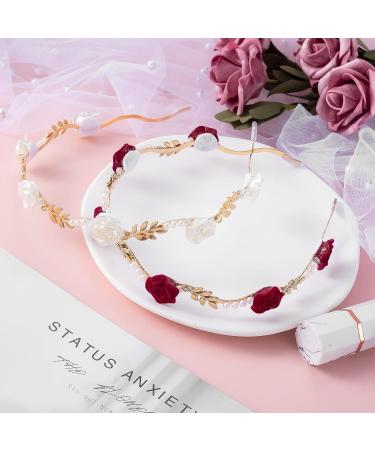 OIIKI 2Pcs Rose Hairband for Women - Metal Gold Floral Headbands with Pearl Accents - Hair Jewelry Accessories for Bride - Valentine Wedding Engagement - Red & White - Buy Online on GoSupps.com