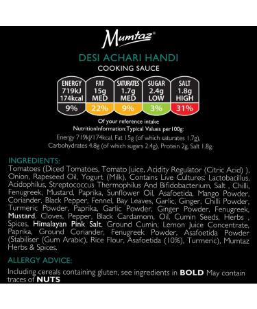 Mumtaz DESI ACHARI Indian Curry Cooking Sauce - Restaurant Quality at Home - Medium Spiced - 700g Jar Serves 8-10 - All Natural Ingredients- Gluten Free- Vegetarian Friendly. - Buy Online on GoSupps.com