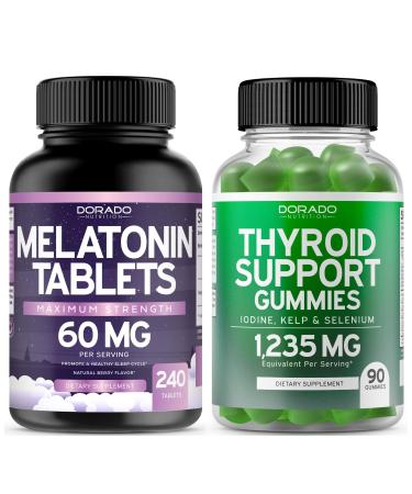Melatonin for Adults (240 Count) - Fast Dissolving Melatonin Per Tablet - Mixed Berry Flavor and Thyroid Support For Adult (90 Gummies) Support Supplement - Delicious Apple Flavor - Vegan & USA Made
