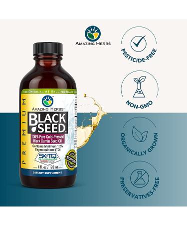 Amazing Herbs Premium Black Seed Oil 4 Fl Oz - Cold Pressed Nigella Sativa for Digestive Health, Immune Support, Brain Function, Joint Mobility - Gluten Free, Non GMO - Buy Online on GoSupps.com