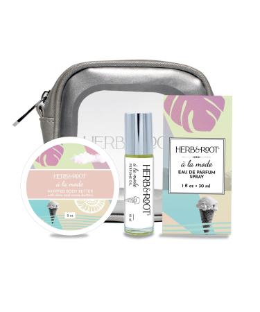 Herb & Root A La Mode Perfume Gift Set Eau de Parfum Rollerball Body Butter Reusable Makeup Case | Scented with Pistachio Sea Salt Vanilla Cream an uplifting gourmand fragrance A La Mode Gift Set