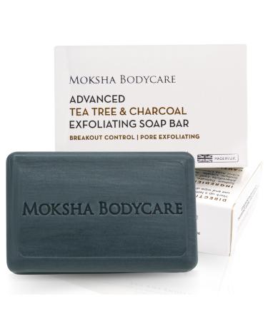 Tea Tree Oil and Charcoal Exfoliating Soap Bar - Made In U.K Exfoliating Body Scrub Soap for Spots Blackheads Pimples Blemishes Oily Skin | Paraben and Cruelty FREE-100g