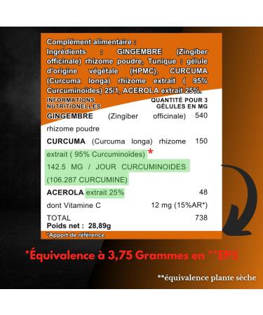 Turmeric 3750mg Piperine and Black Pepper Free 90 Capsules Joint Comfort With Ginger + Acerola 95% Curcuminoid Title Inflammations + Immunity French Quality - Buy Online on GoSupps.com
