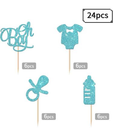 24Pcs Oh Baby Boy Cupcake Topper Glitter Baby Suit / Rubber Nipple / Feeding Bottle Cupcake Picks Gender Reveal Party Welcome Baby Boy / It's a Boy for Baby Shower Boys Birthday Party Supplies Blue - Buy Online on GoSupps.com