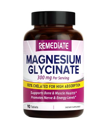 REMEDIATE Magnesium Glycinate Best Absorption 300 mg Elemental Magnesium Per Serving Max Strength Muscle & Nerve Health Non-GMO No Gluten 90 Tabs