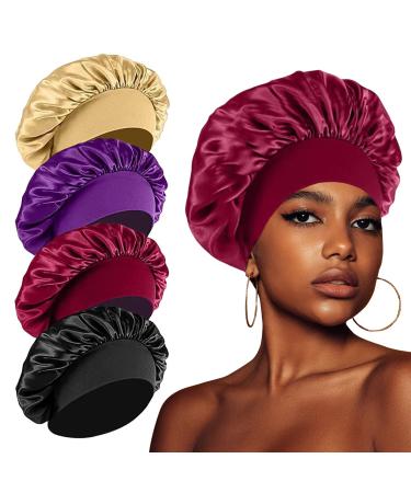 FIRSTPELLA 4PCS Satin Silk Bonnets for Black Women Men  Hair Bonnets for Sleeping Curly Natural Hair  Elastic Wide Band Hair Bonnet Shower Cap(Black & Purple & Wine Red & Brown Multicolor